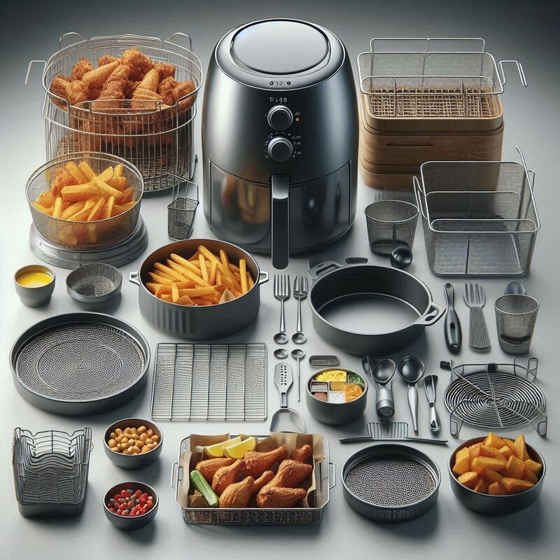 Image showing various air fryer accessories like stacking racks, a baking pan, and parchment liners.