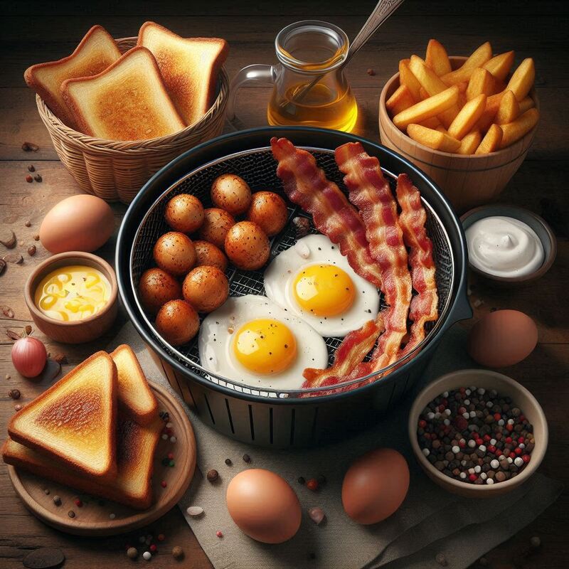 Collage of air fryer breakfast foods: crispy bacon, golden french toast sticks, and fluffy egg cups in silicone molds.