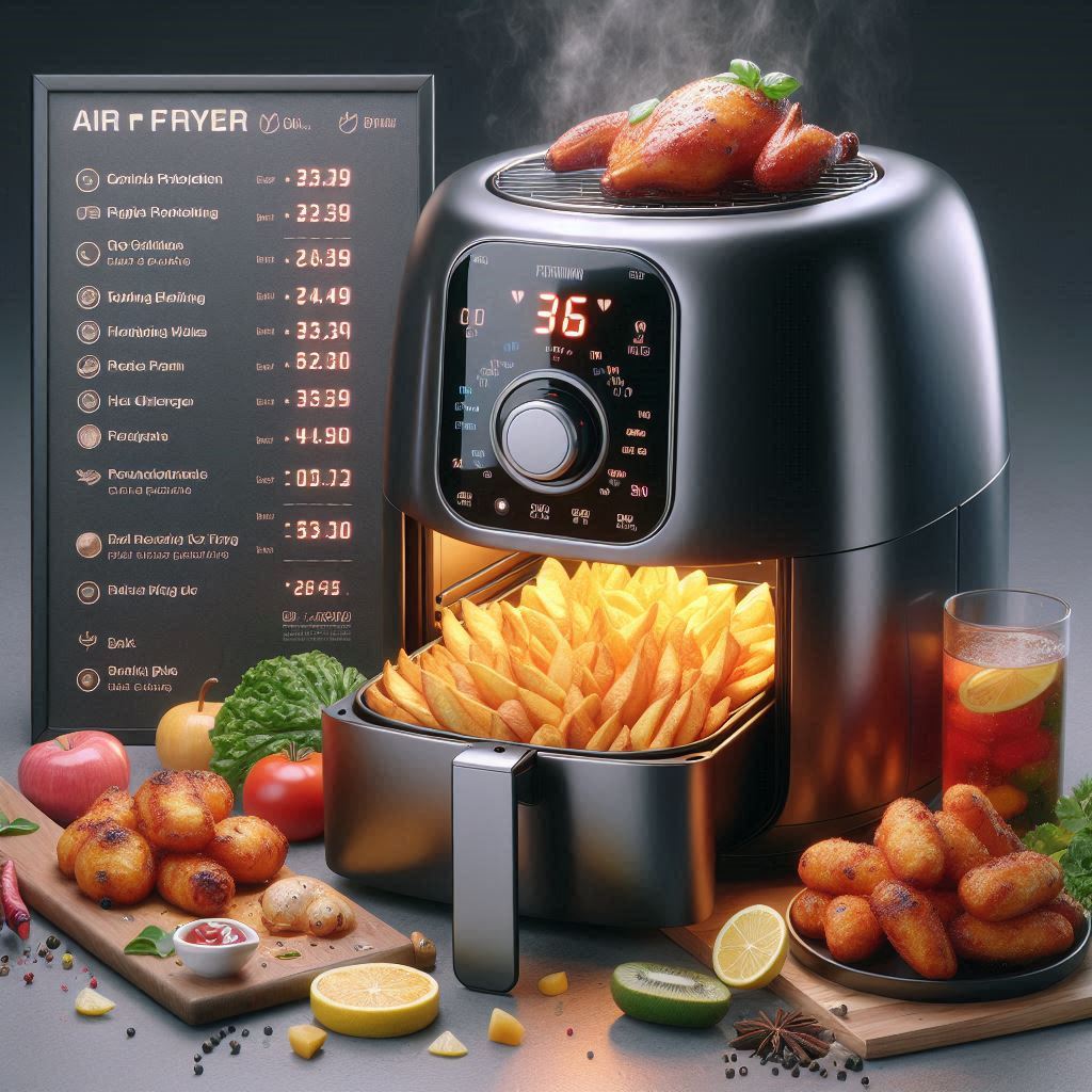 Image showing air fried food with overlaid timing information or a clock.