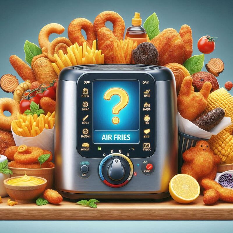 Illustration of an air fryer with question marks surrounding it.