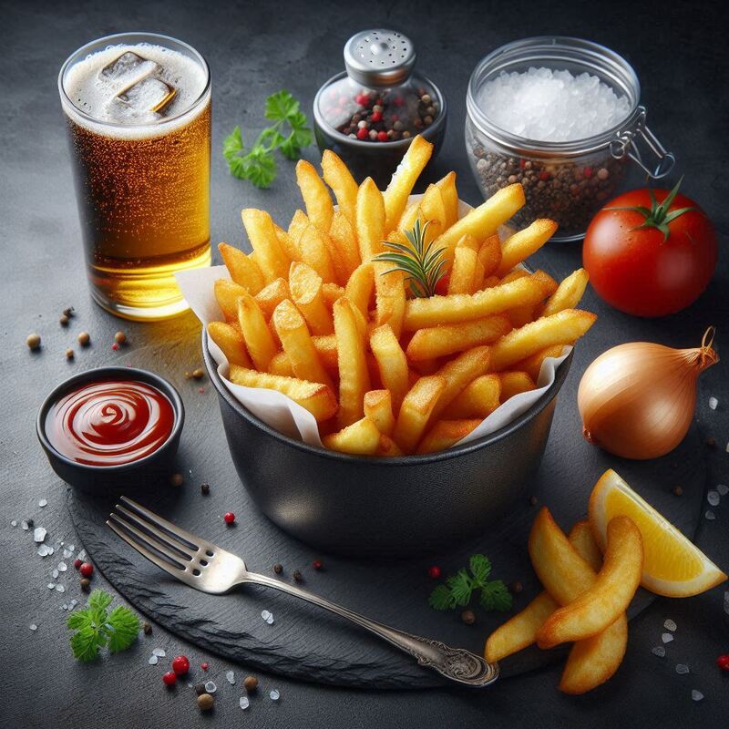 Basket filled with golden brown, crispy air-fried french fries.