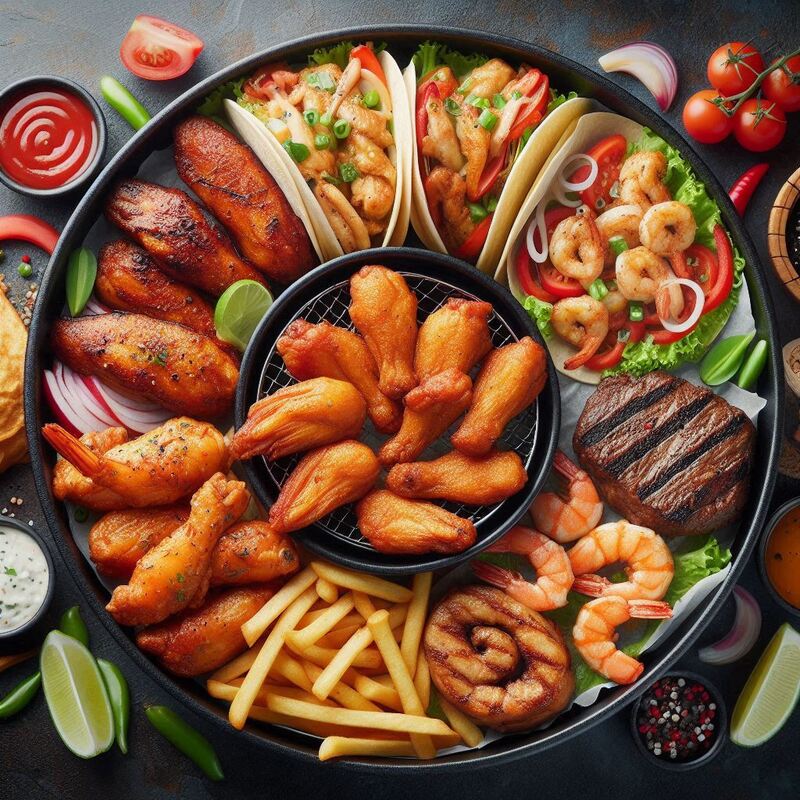 Collage of colorful air fryer lunch dishes: falafel pita pocket, buffalo cauliflower wrap, salmon patties, personal pizza.