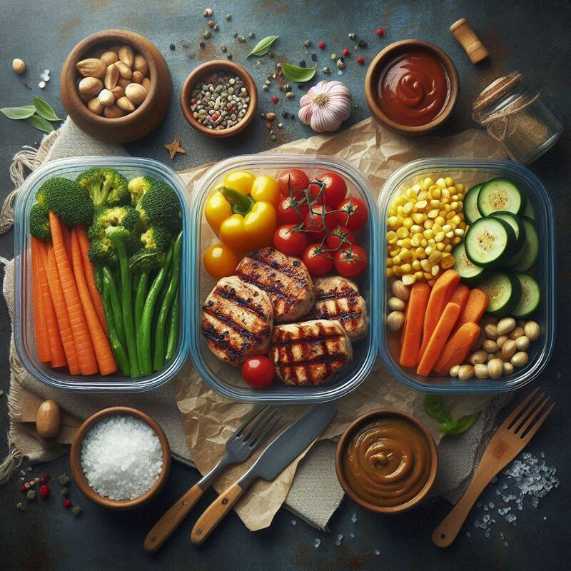 Cooked air fryer chicken and roasted vegetables being placed into glass meal prep containers.