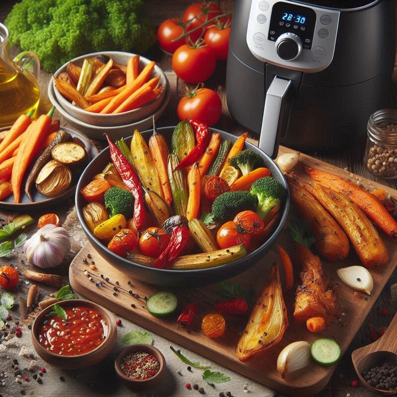 Colorful mix of roasted vegetables including broccoli, bell peppers, onions, and zucchini cooked in an air fryer basket.