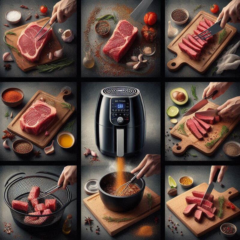 Sliced air fryer steak showing a perfect medium-rare interior and a crispy crust.
