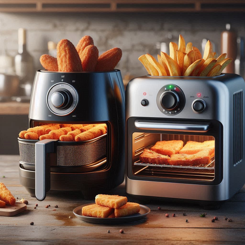 Comparison image showing a basket-style air fryer next to a tray inside a convection oven.