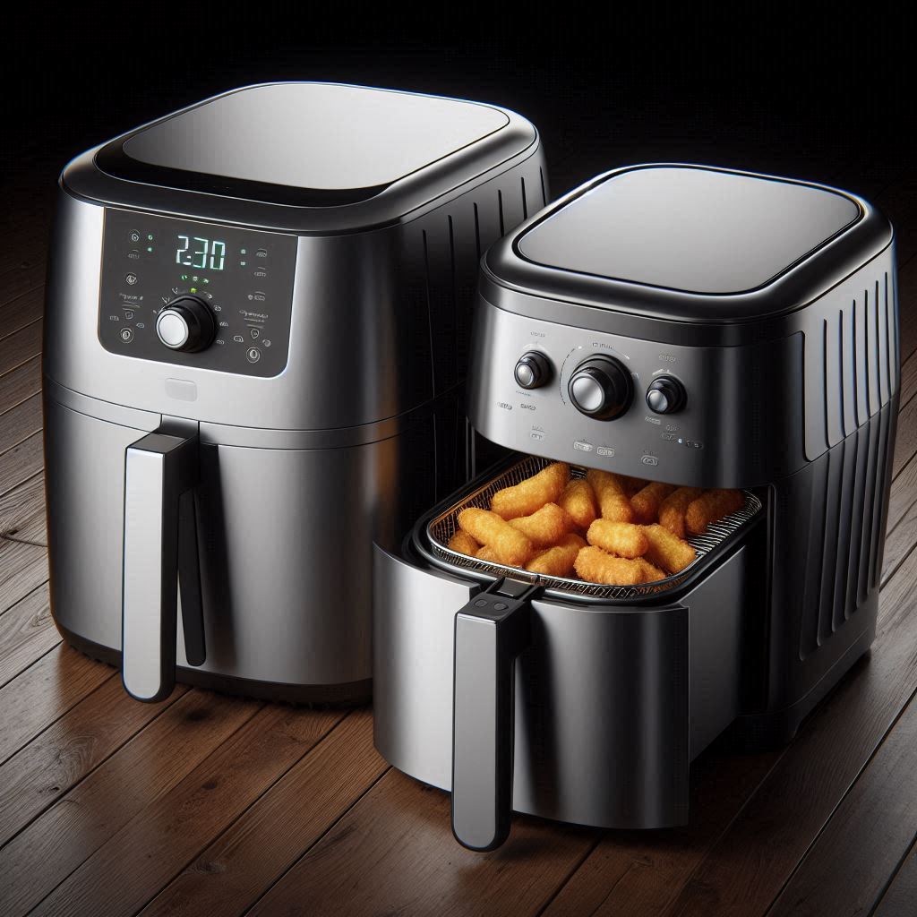 Comparison image showing air fryer food (crispy chicken wings) next to deep fried food (greasy french fries).