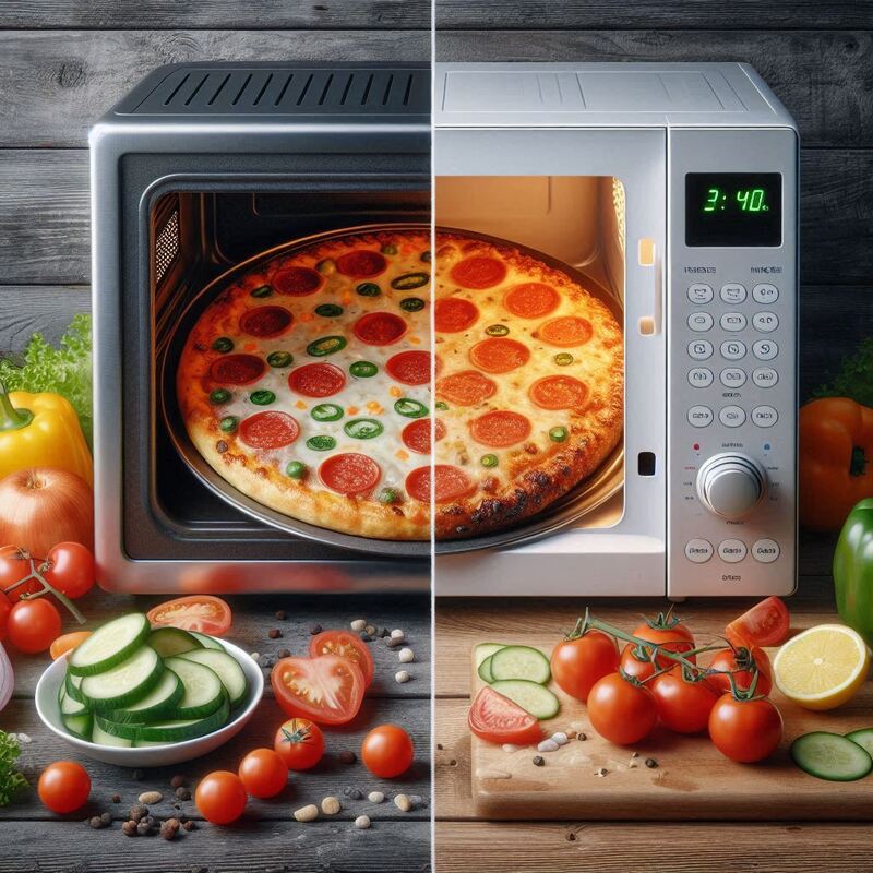 Comparison image showing an air fryer basket filled with crispy food next to a plate of food in a microwave.