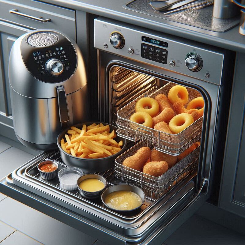 Comparison image showing a basket-style air fryer next to a baking sheet inside a large standard kitchen oven.