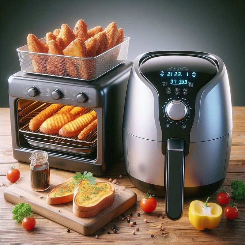 Comparison image showing a basket-style air fryer and a countertop toaster oven.