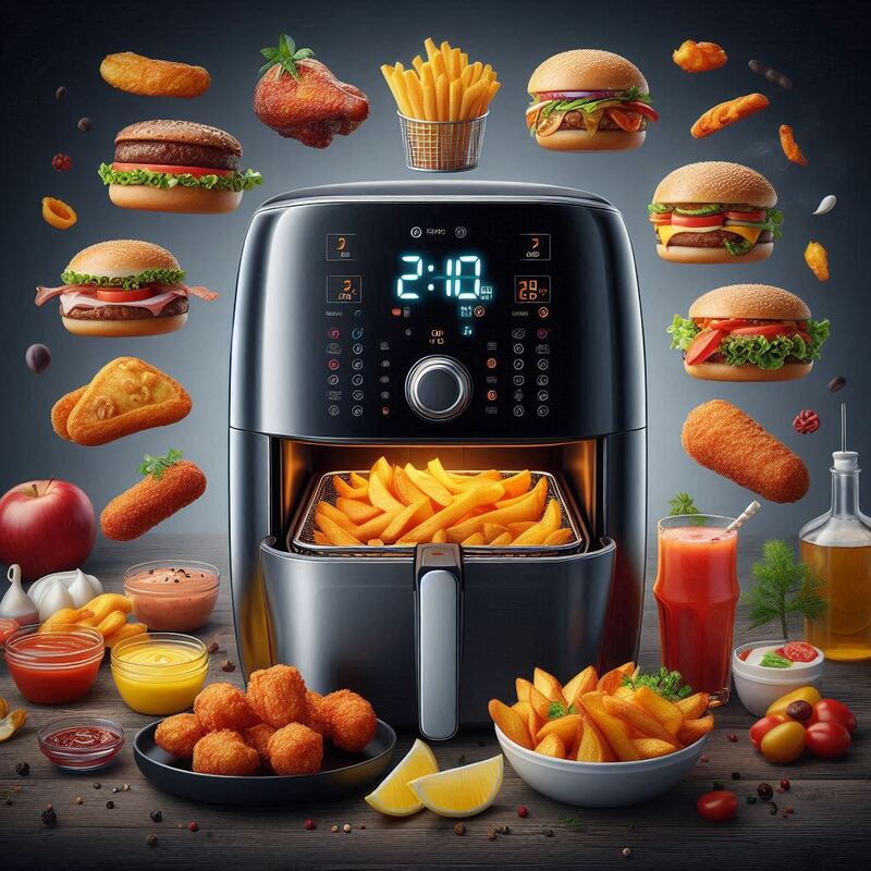 Image of a small air fryer next to a single serving meal in a bowl.