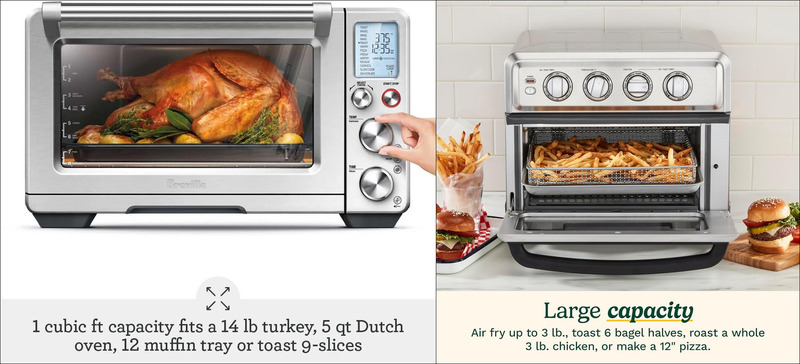 Comparison image showing the Breville Smart Oven Air Fryer and the Cuisinart TOA-60 Air Fryer Toaster Oven side-by-side on a countertop.