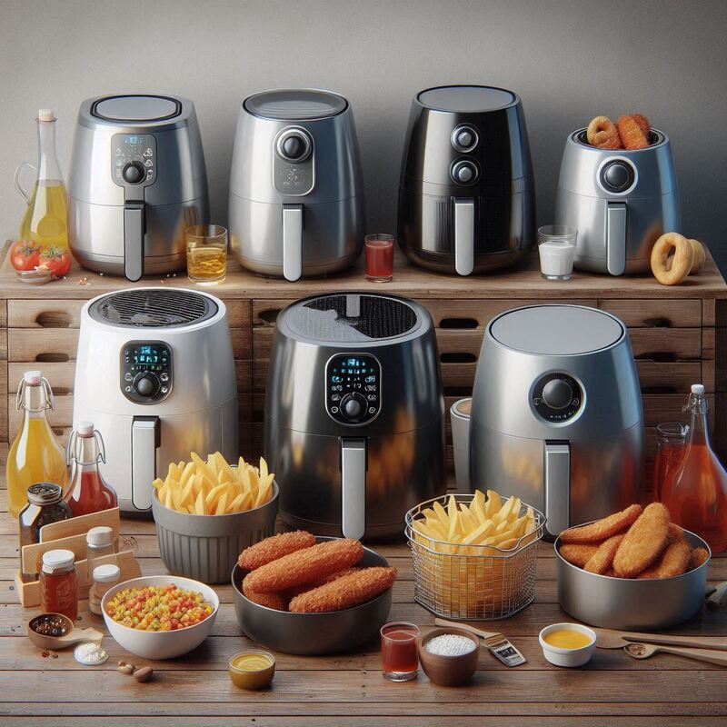 Image showing different types of air fryers with icons representing features, and hands pointing to options.