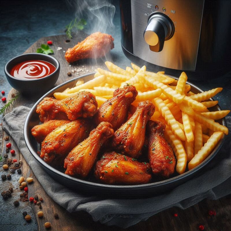 Pile of incredibly crispy air-fried chicken wings, some coated in sauce.
