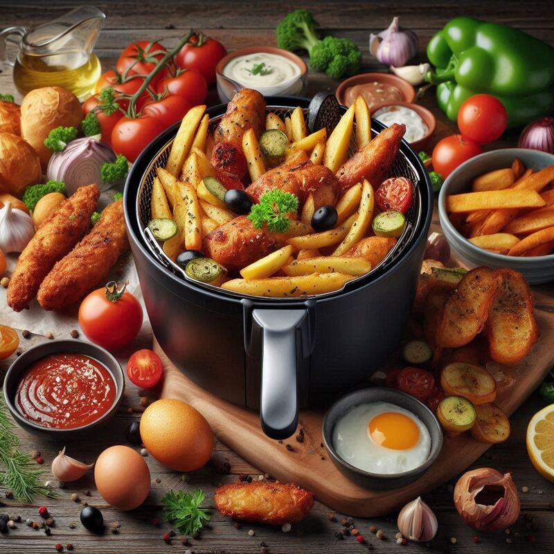 Large batch of air-fried chicken pieces in the GoWISE USA 7-Quart Air Fryer basket.
