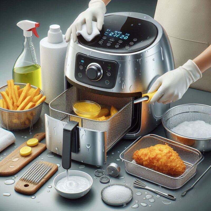 Image of someone cleaning an air fryer basket in a kitchen sink.