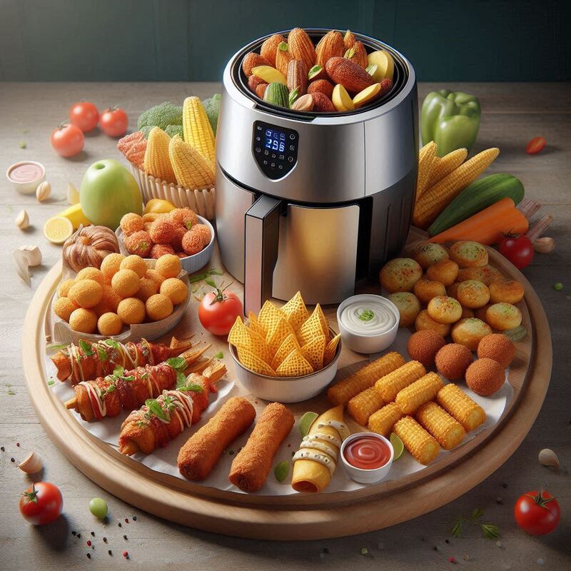 Air fryer basket filled with kid-friendly food like golden chicken nuggets and french fries.