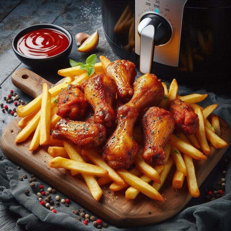 A batch of perfectly crispy air-fried chicken wings and french fries made in the Ninja Air Fryer Max.