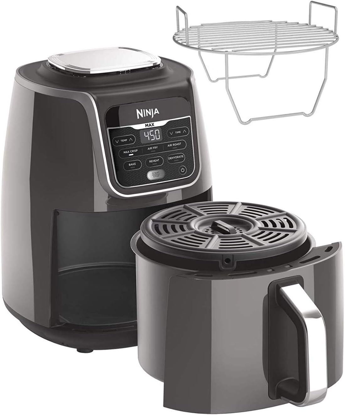 Ninja Air Fryer Max with basket pulled out, showing ceramic coating and crisper plate.