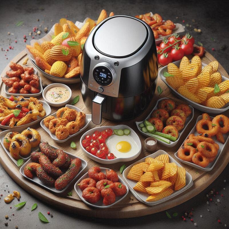 Collage of air fryer snacks including crispy chickpeas, mozzarella sticks, and apple chips.