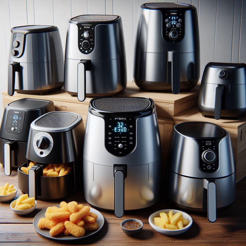 Collage of various popular air fryers including basket and oven styles.