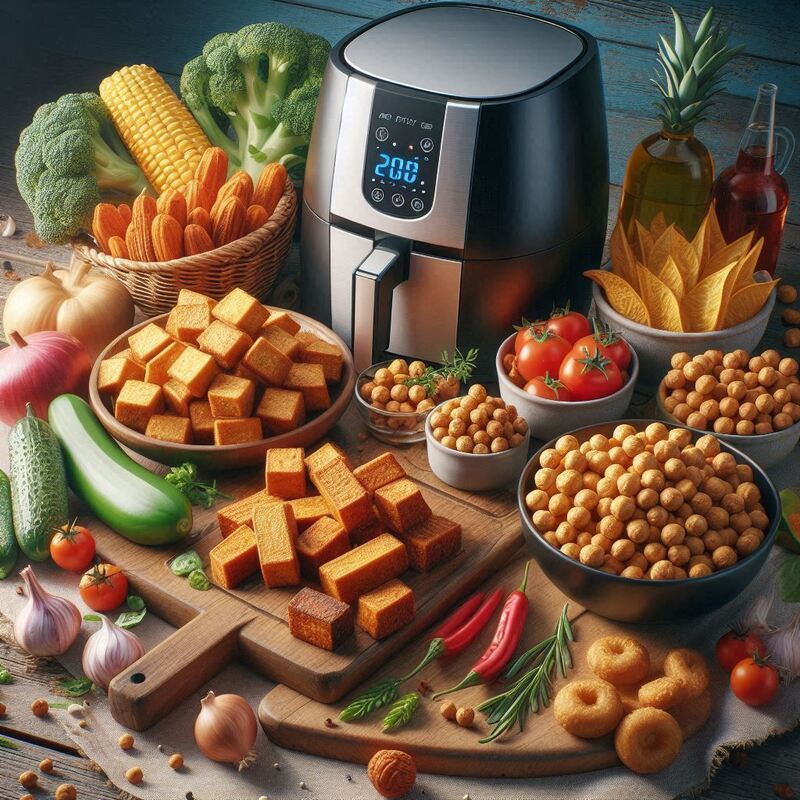 Array of vegan air fryer foods including crispy tofu, fries, Brussels sprouts, and chickpeas in small bowls.